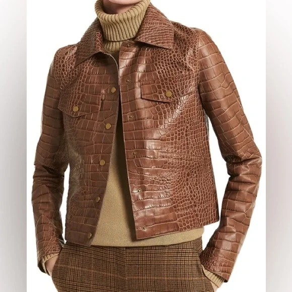 Michael Kors Collection brown crocodile embossed leather jacket Small/2 - Picture 1 of 7